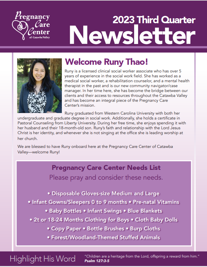 Newsletters Pregnancy Care Center of Catawba Valley Hickory, North Carolina